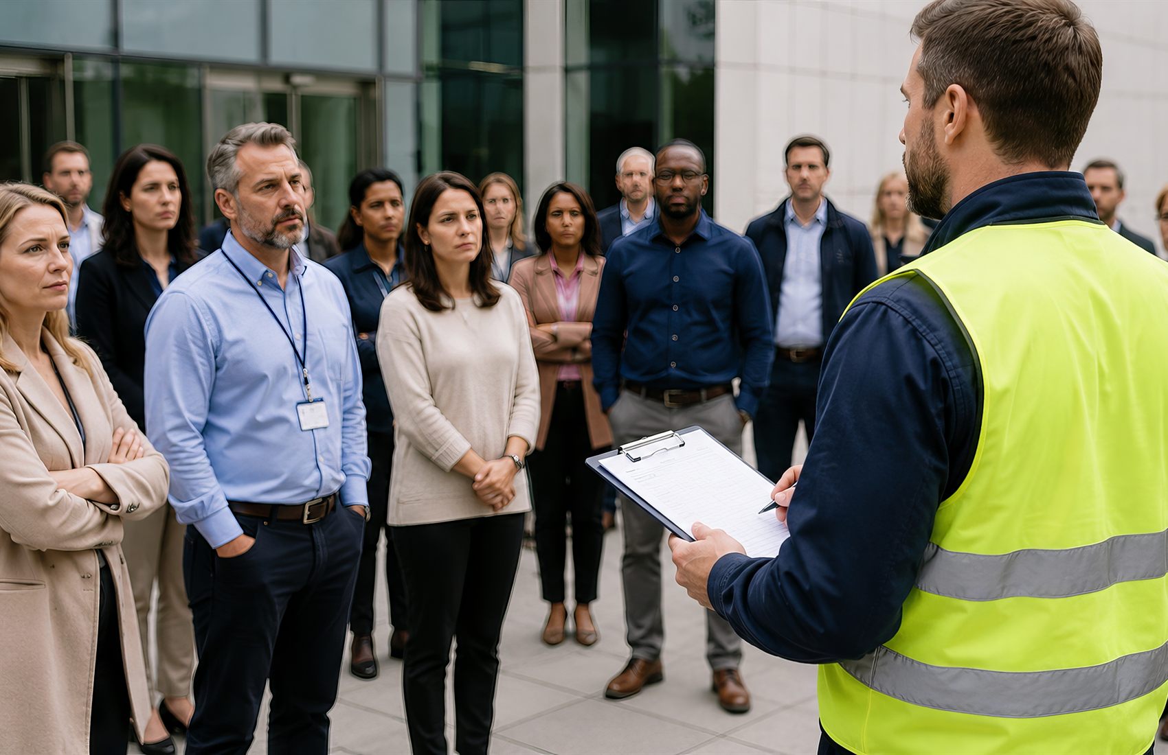 Fire safety trainer leading building occupants through an evacuation drill